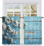 Farmhouse Wooden Grain Kitchen Curtains, Vintage Shabby Chic Flower Blue Light - Image 2