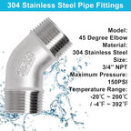 45 Degree Elbow 2PCS, 3/4" NPT Male X 3/4" NPT Male 304 Stainless Steel Pipe - Image 5