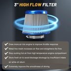 3" 76mm Universal High Flow Cold Air Intake Air Filter Upgraded Stainless Steel - Image 5