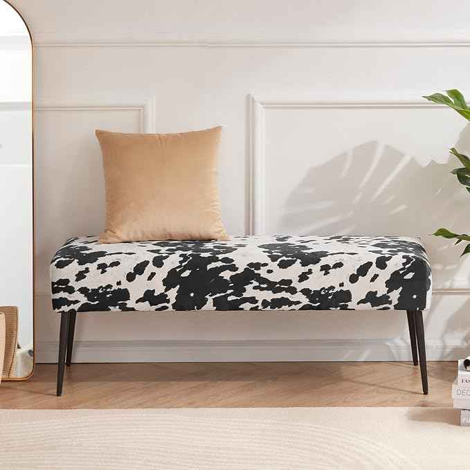 DUHOME Velvet Bench Ottoman, Upholstered Bedroom Benches Cow Print End of Bed