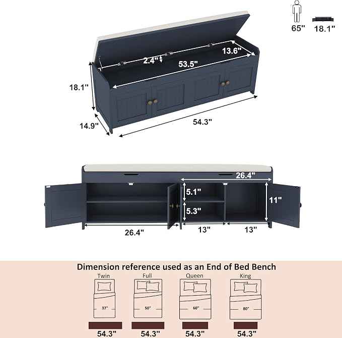 HOMEFORT 54.4" Shoe Bench with Lift Top Storage, Entryway Bench with Cushioned