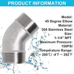 45 Degree Elbow 1PCS, 1-1/4" NPT Male X 1-1/4" NPT Male 304 Stainless Steel - Image 3