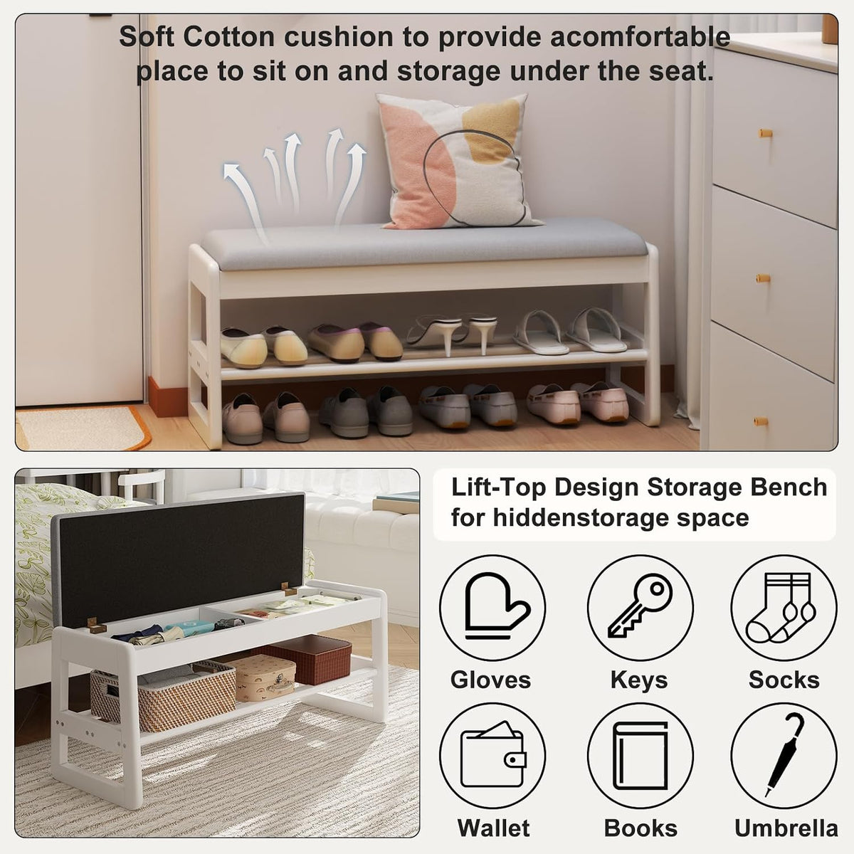 AQIMUELE Shoe Bench with Storage, Wooden 2 Tiers with Flip-Top