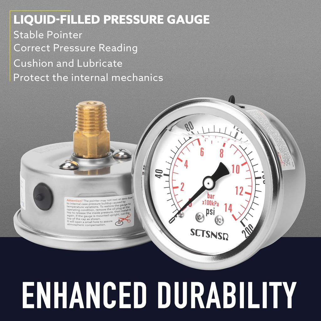 0-200 Psi Pressure Gauge, Liquid Filled, 1/4" NPT Back Mount