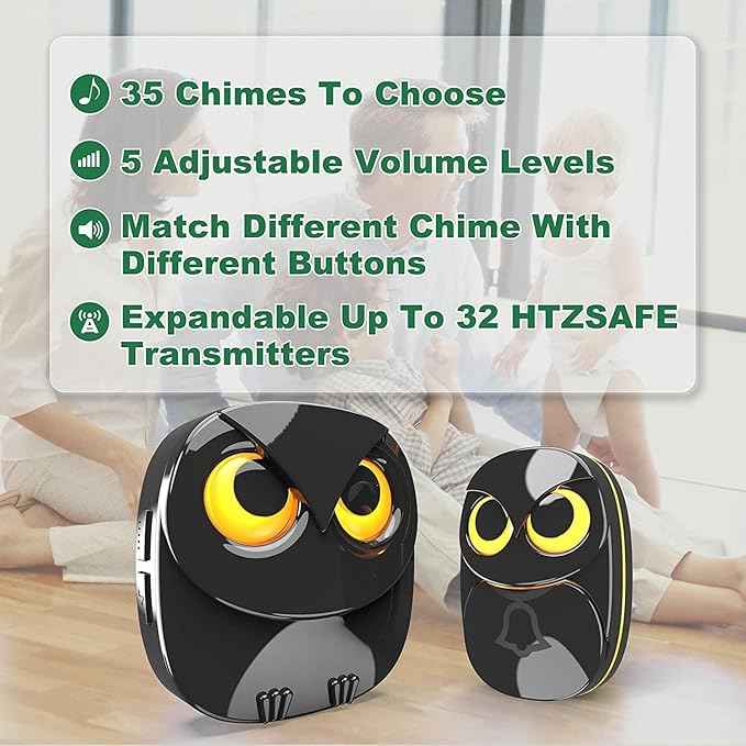 Wireless Doorbell, Cute Owl Doorbell Weatherproof IP55 Outdoor Remote Push