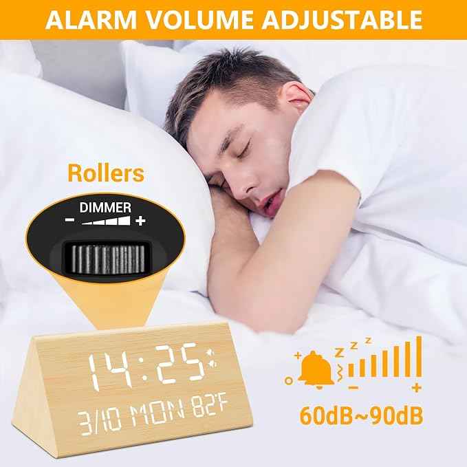 Kogonee Wooden Digital Alarm Clock, 0-100% Dimmer, 2 Alarm Settings,