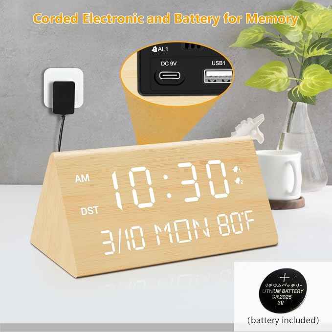 Kogonee Wooden Digital Alarm Clock, 0-100% Dimmer, 2 Alarm Settings,