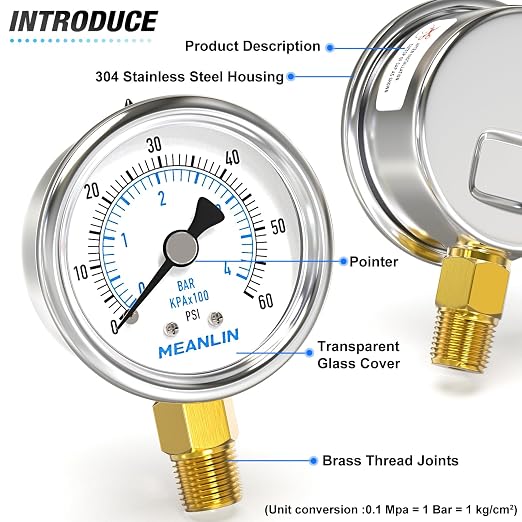 MEANLIN MEASURE 0~60Psi Dry Pressure Gauge Stainless Steel 1/4" NPT 2" FACE - Image 4