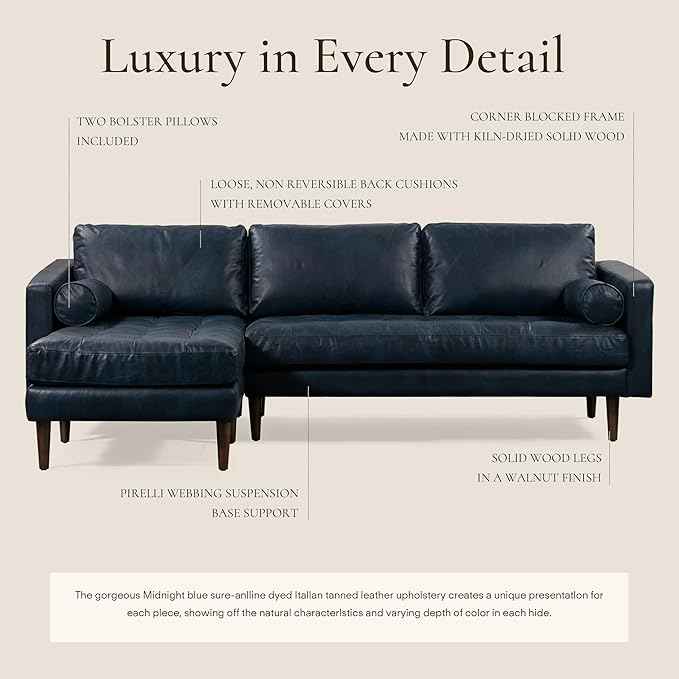 Poly & BARK Napa 104.5" Left-Facing Sectional Sofa – Midnight Blue Full-Grain
