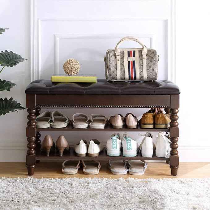 Shoe Storage Bench with Cushion, Entry Bench with Storage Solid Wood Shoe Bench