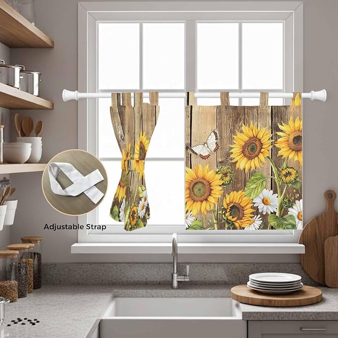 Farmhouse Sunflowers Kitchen Curtains 36 Inch Length, Small Window Curtains Tab - Image 5