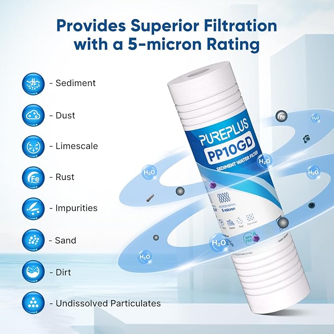 PUREPLUS 5 Micron 10" x 2.5" Whole House Grooved Sediment Home Water Filter - Image 4