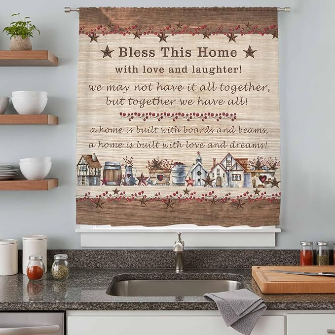 Farmhouse Sheer Curtains 54 Inch Length Brown Country Star Berry Vintage Wood - Image 8