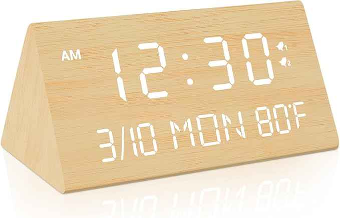 Kogonee Wooden Digital Alarm Clock, 0-100% Dimmer, 2 Alarm Settings,