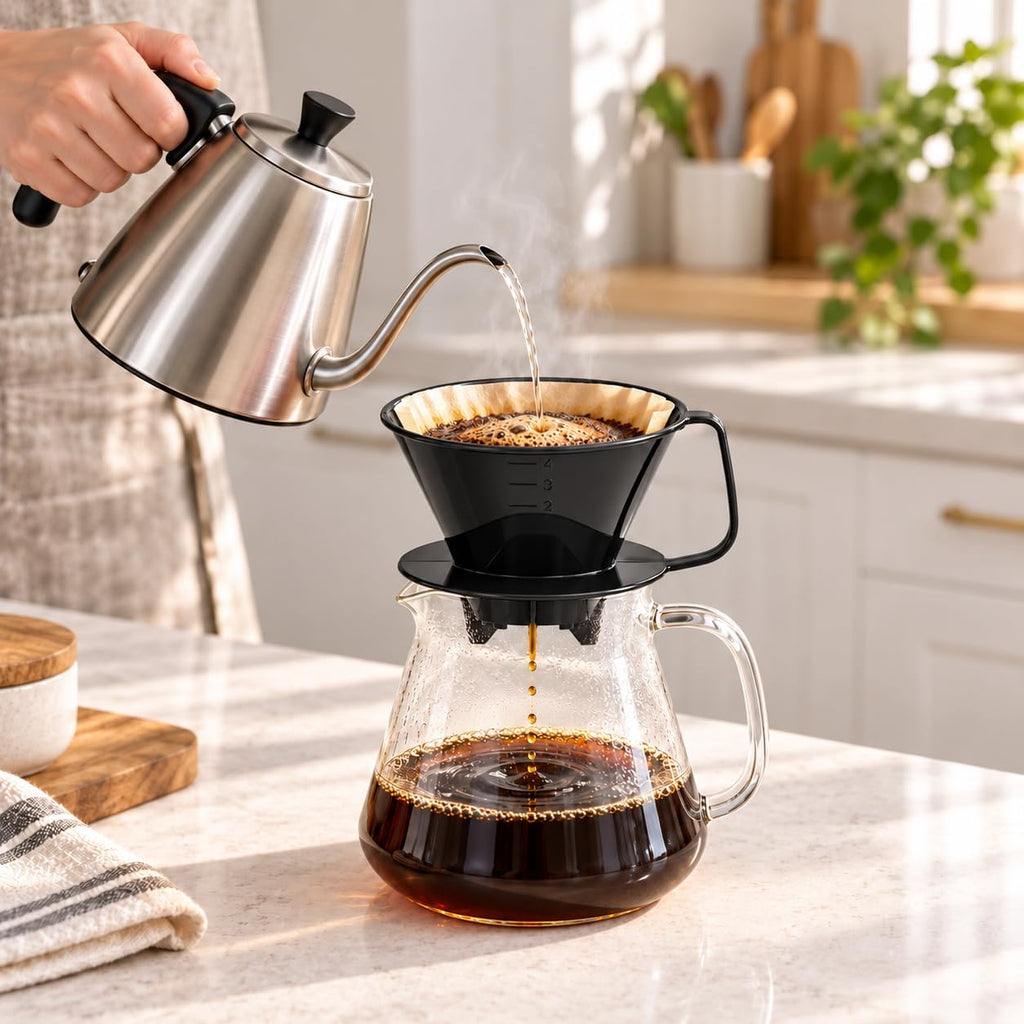 Fino Pour-Over Coffee Brewing Filter Cone, Number 4-Size, Black, Brews