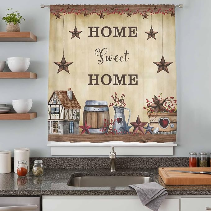 Farm Sheer Curtains 84 Inch Length American Country Barn Star Vintage Berry - Image 8