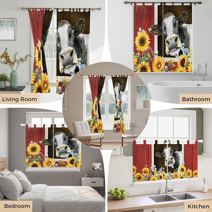 Cows Sunflowers Living Room Curtains 84 Inch Length, Window Curtains Tab Top - Image 7