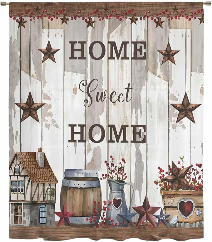 Farmhouse Sheer Curtains 108 Inch Length Retro Country Star Berry Vintage Wood - Image 6