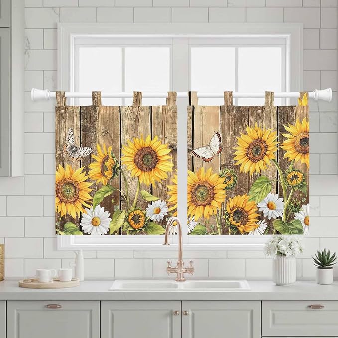 Farmhouse Sunflowers Kitchen Curtains 36 Inch Length, Small Window Curtains Tab - Image 3