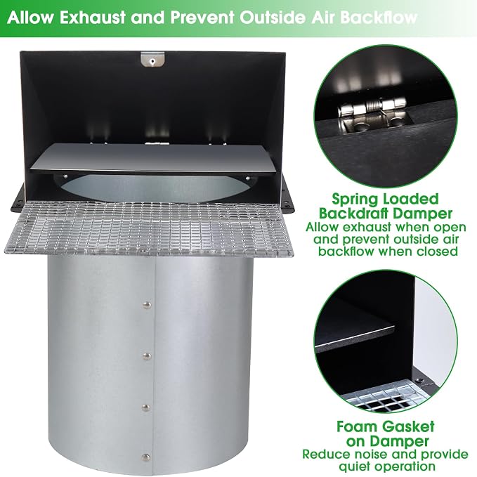 6 Inch Hooded Wall Vent with Screen and Damper, 6 Inch Wall Exhaust Vent Cover - Image 4