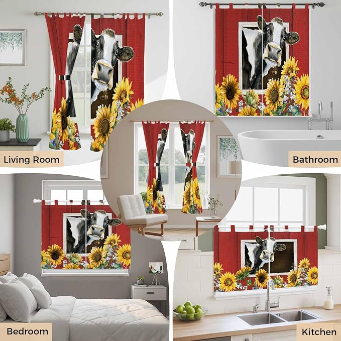 Cows Sunflowers Kitchen Curtains 24 Inch Length, Small Window Curtains Tab Top - Image 7