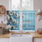 Farmhouse Wooden Grain Kitchen Curtains, Vintage Shabby Chic Flower Blue Light - Image 2