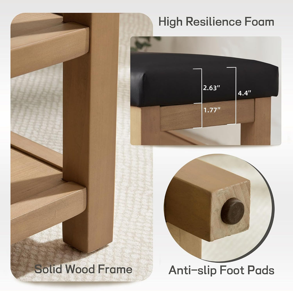 Shoe Rack Bench with Leather Cushion, 2 Tier Solid Wood Storage Bench