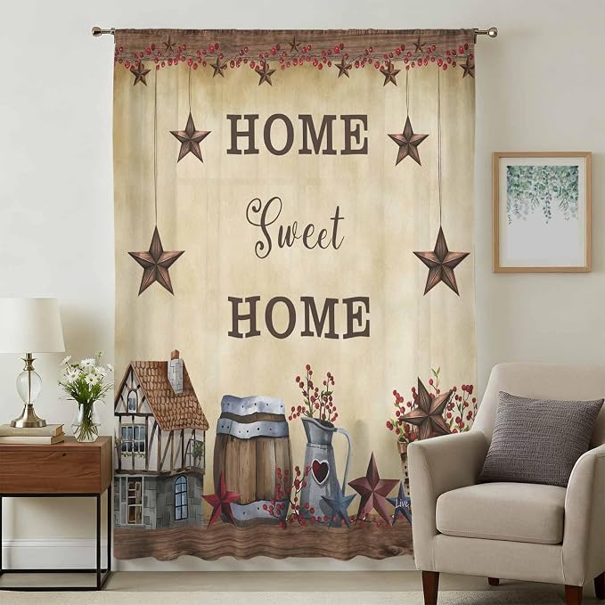 Farm Sheer Curtains 72 Inch Length American Country Barn Star Vintage Berry - Image 3