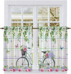 Spring Kitchen Curtains, Bicycles Botanical Leaves Rose Colorful Stripes Light by Unknown