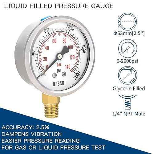 0-2000 Psi Glycerin Liquid Filled Hydraulic High Pressure Gauge, 2.5" Dial Size - Image 2