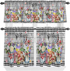Spring Flowers Kitchen Curtain Set, Farmhouse Black Plaid Wood Grain Window by Unknown