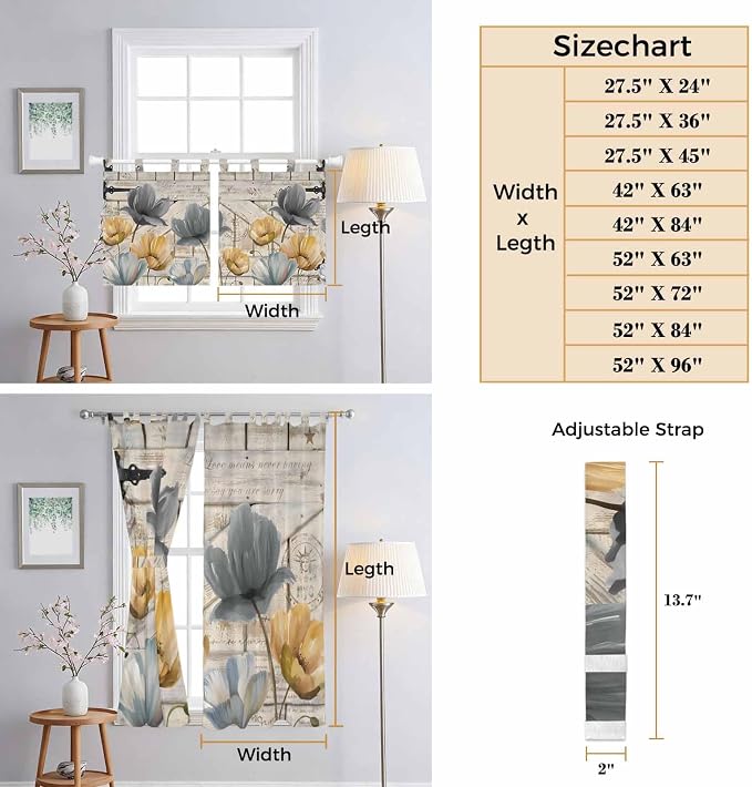 Spring Tulips Flower Kitchen Curtains 24 Inch Length, Small Window Curtains Tab - Image 8