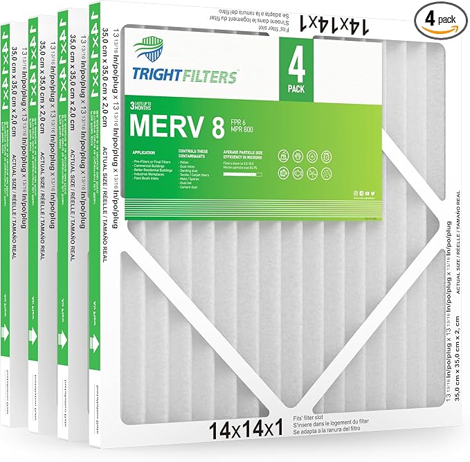 14x14x1 Air Filter 4 Pack, MERV 8 Pleated Dust Defense Air Filters Replacement by TrightFilters