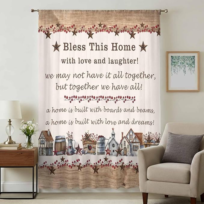 Farmhouse Sheer Curtains 108 Inch Length Country Star Barn Berry Brown Wood - Image 3