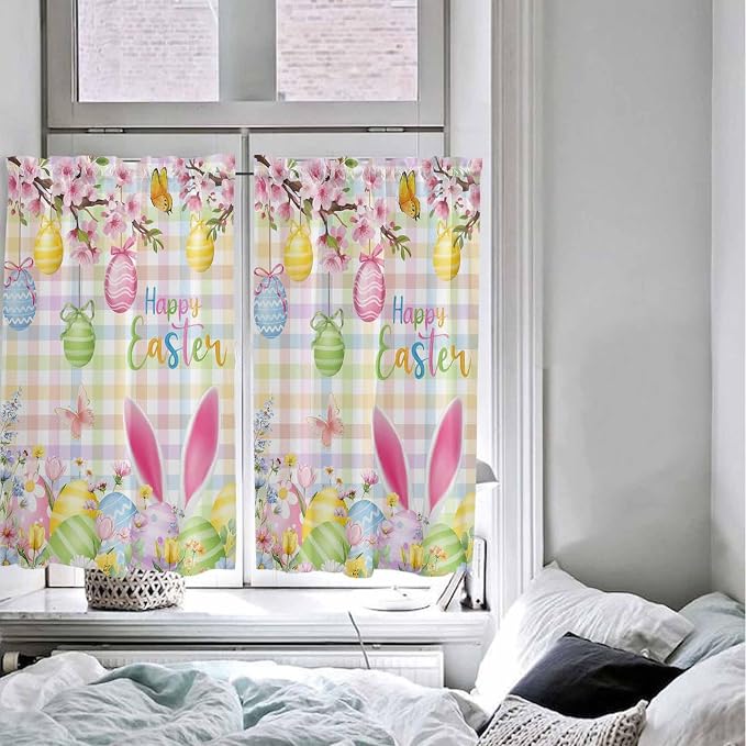 Happy Easter Kitchen Curtains 45 Inches length, Spring Bunny Colorful Eggs - Image 5
