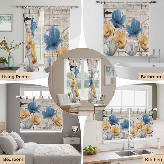 Blue Yellow Tulips Bedroom Curtains 63 Inch Length, Window Curtains Tab Top - Image 7