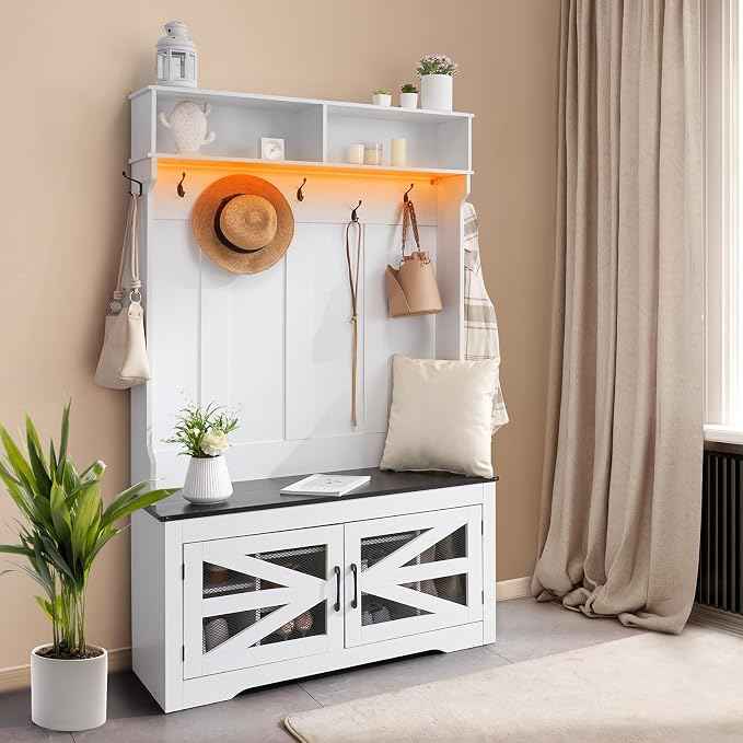 VEVOR Hall Tree Entryway Bench, LED Coat Rack