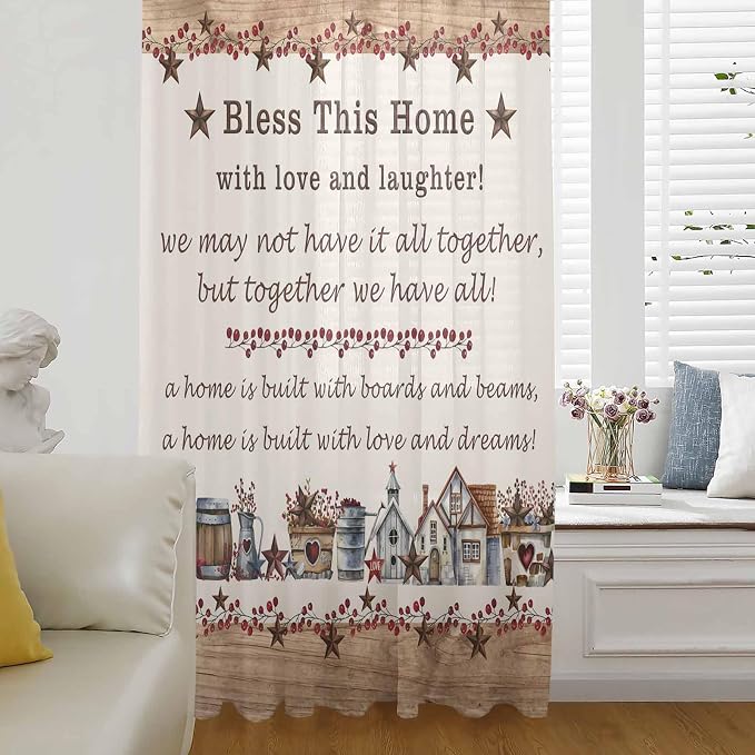 Farmhouse Sheer Curtains 63 Inch Length Country Star Barn Berry Brown Wood by Unknown