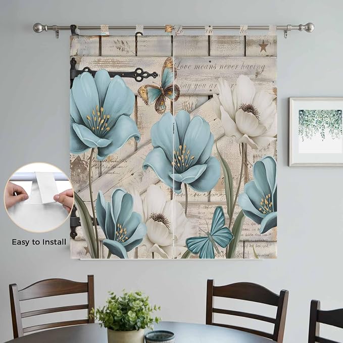 Teal Blue Tulips Bathroom Curtains 63 Inch Length, Window Curtains Tab Top - Image 4
