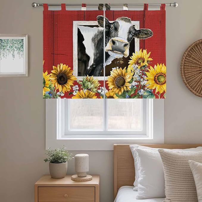 Cows Sunflowers Kitchen Curtains 45 Inch Length, Short Cafe Window Curtains Tab - Image 9