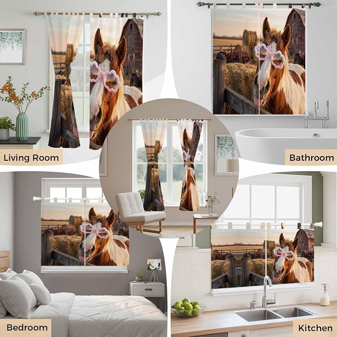 Farm Horses Kitchen Curtains 45 Inch Length, Short Cafe Window Curtains Tab Top - Image 7