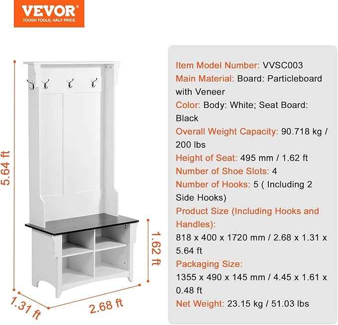 VEVOR Hall Tree Entryway Bench, Coat Rack