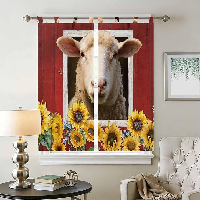Sheep Sunflower Living Room Curtains 84 Inch Length, Window Curtains Tab Top - Image 2