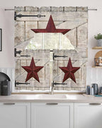 Village Stars Swag Kitchen Curtains Valance and Tier Set, Vintage Dark Red Star - Image 2