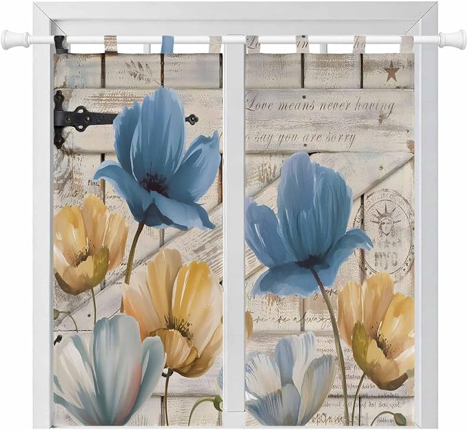 Blue Yellow Tulips Bedroom Curtains 72 Inch Length, Window Curtains Tab Top by Unknown