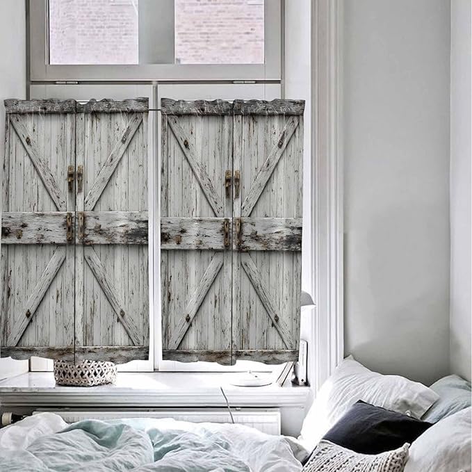Vintage Gate Tier Curtains 45 Inches Long, Farmhouse Wooden Grain Shabby Chic - Image 5