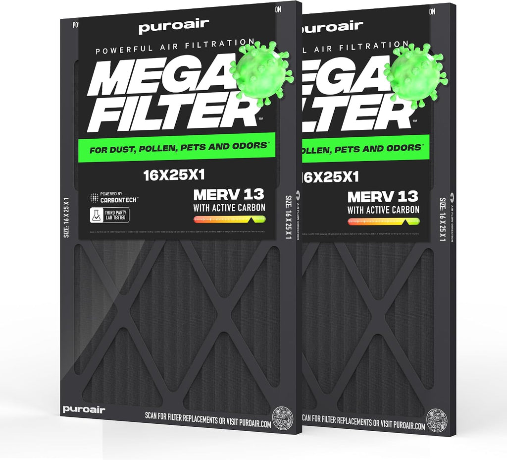 MegaFilter 16x25x1 Air Filter MERV 13 HVAC Furnace Filter (2-Pack)