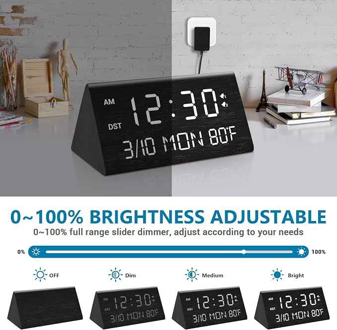 Kogonee Wooden Digital Alarm Clock, 0-100% Dimmer, 2 Alarm Settings,