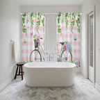 Spring Kitchen Curtains, Bicycles Leaves Butterfly Flowers Pink Buffalo Plaid - Image 5