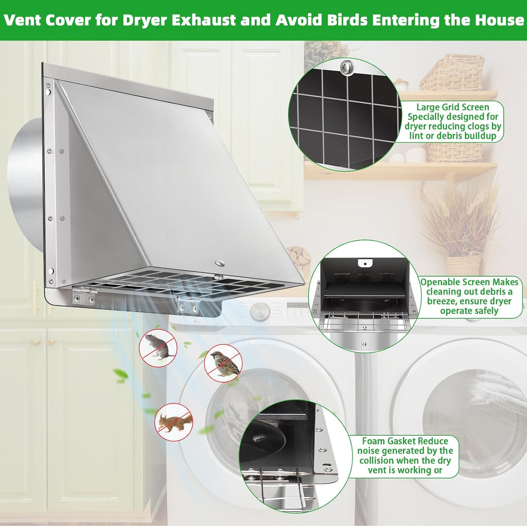 Dryer Vent Cover Outside 3 Inch with Mesh & Cushioned Flap,304